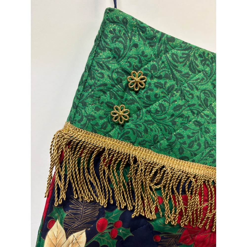 Vintage Quilted Christmas Stocking Poinsettia Floral Gold Fringe Green Cuff 26in - Picture 2 of 8